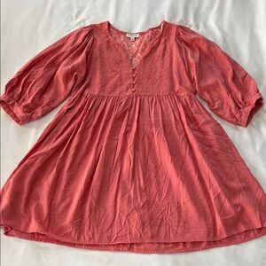 Umgee Linen Blend Pink Balloon Sleeve Baby Doll Dress with Lace Detail